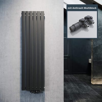 ELEGANT Designradiator, vlak, 1600x462mm, met antraciet multiblock thermostaat, vlakke radiator, antraciet, enkellaags, verticaal, met middenaansluiting