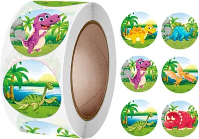 500 Stickers Op Rol - 2.5cm - Dinosaurus Cartoon - Beloningsstickers - Stickers Kinderen - Sluitsticker - Sluitzegel - 25mm - 500 Stuks
