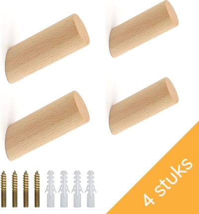 Homium Houten wandhaken - Beuken - 4 stuks - 8 cm - Kapstokhaak - Jashaak - Handdoekhaak