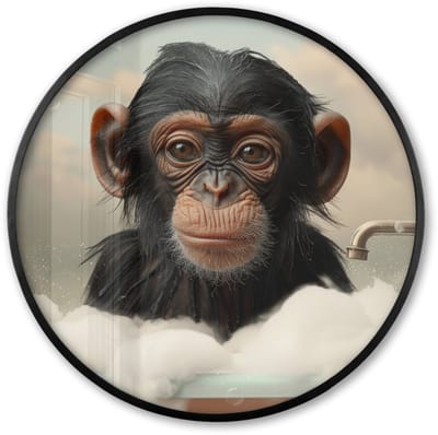 Poster in lijst Rond - Fotolijst 60x60 cm - Posters - Aap - Dieren - Bad - Schuim - Ronde posterlijst zwart - Decoratie - Wanddecoratie woonkamer - Muurdecoratie slaapkamer