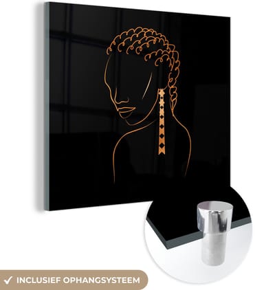 MuchoWow® Glasschilderij 50x50 cm - Schilderij acrylglas - Vrouw - Oorbellen - Line art - Gold - Foto op glas - Schilderijen