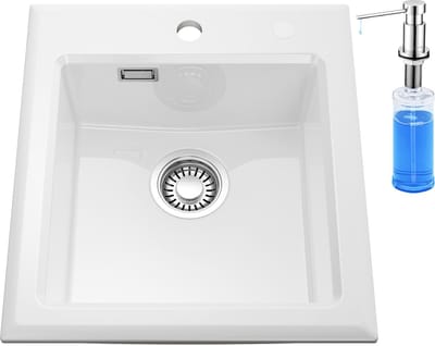CECIPA Max Spoelbak Keuken - Keramische Spoelbakken Wit 45x50CM - Gootsteen Met Zeepdispenser - Keukenspoelbak - Opbouw Wasbak Keuken