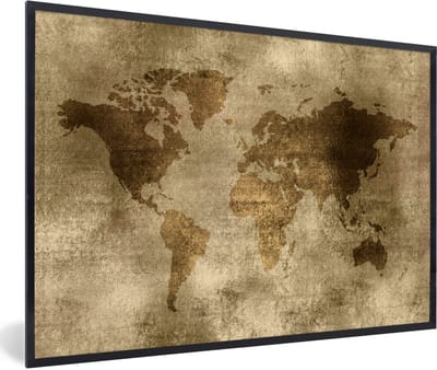 Poster in lijst - Fotolijst 90x60 cm - Posters - Wereldkaart - Antiek - Bruin - Posterlijst zwart - Decoratie - Wanddecoratie woonkamer - Muurdecoratie slaapkamer
