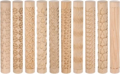 QUARKZMAN 10pcs Wood Clay Roller Pattern Modelling 15cm Beech Wood Ceramic Tools Wood Grain Structure Rolls for Clay Baking Dough DIY