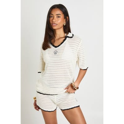 boohoo Dames Geborduurd Crochet Shirt En Short Co-ord Met Schelpenmotief | Mono | Maat: Small