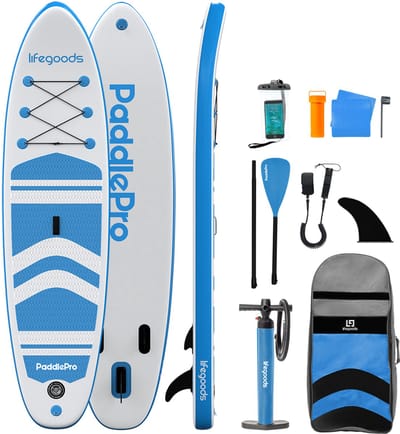 LifeGoods PaddlePro SUP Board - Opblaasbaar Paddle Board - Complete Set - Max. 150KG - 320x81cm - Wit/Sky Blue