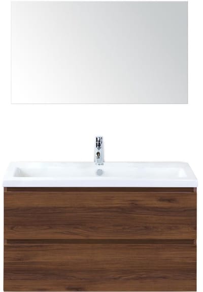 Vogue Badmeubelset 100 cm - Greeplijst in Kleur - Walnoot - Keramische Wastafel Wit 1 Kraangat met Spiegel