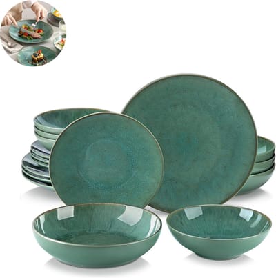 Luxe Serviesset – 16delig – 4 persoons – Porselein - Bordenset – Dinner platen – Dessertborden - Kommen - Soepkom - Groen