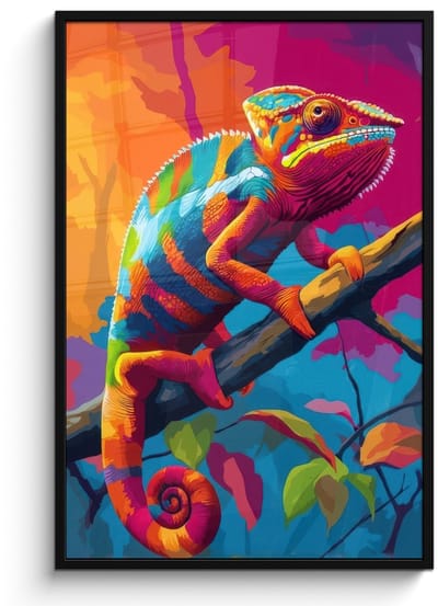 Poster in lijst - Fotolijst 80x120 cm - Posters - Kameleon - Tak - Gestreept - Bladeren - Posterlijst zwart - Decoratie - Wanddecoratie woonkamer - Muurdecoratie slaapkamer