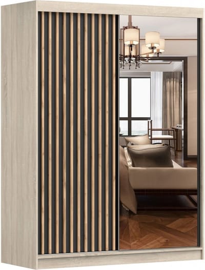 Schuifwandkast met decoratieve lamellen, Zweefdeurkast Kledingkast met Spiegel, kast met planken en kledingstang Gaderobe 150x200x61 cm - LABI C1 (Sonoma + Zwart, 150)