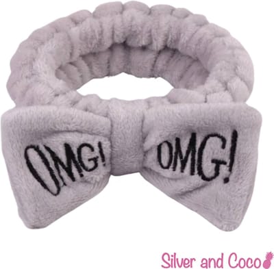 SilverAndCoco - OMG Haarband Strik Dikke Fluffy Elastische Hoofdband voor Opmaken / OMG! Badstof Fleece Make up Spa Slaap Hoofdbanden Vrouwen / Elastische Meisjes Make-up Bandana - Grijs