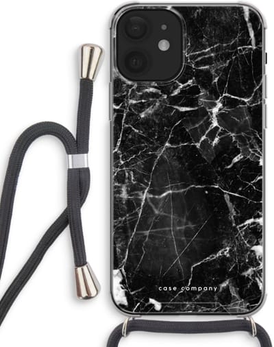 Case Company® - Hoesje met koord geschikt voor iPhone 12 mini hoesje met Koord - Zwart Marmer - Telefoonhoesje met Zwart Koord - Bescherming aan alle Kanten en Over de Schermrand
