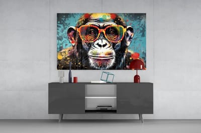 Glasschilderij – Colorful Urban Aap met Zonnebril - 140x90 cm