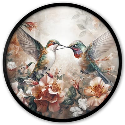 Poster in lijst Rond - Fotolijst 40x40 cm - Posters - Kolibrie - Vogels - Bloemen - Natuur - Ronde posterlijst zwart - Decoratie - Wanddecoratie woonkamer - Muurdecoratie slaapkamer