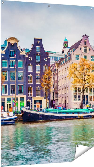 Gards Tuinposter Amsterdamse Huisjes vanaf de Gracht - 100x150 cm - Tuindoek - Tuindecoratie - Wanddecoratie buiten - Tuinschilderij