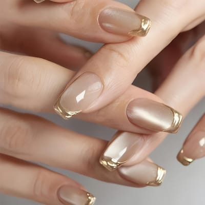 24 pièces Faux Ongles Press-on Brillants Courts - Design Rayures Dorées avec Accents Pailletés, Forme Ballet Longueur Moyenne Ongles Artificiels Réutilisables brown