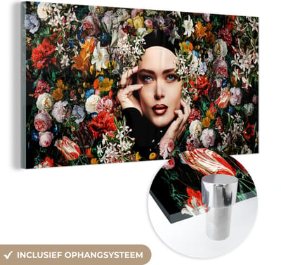MuchoWow® Glasschilderij 40x20 cm - Schilderij acrylglas - Bloem - Vrouwen - Portret - Botanisch - Foto op glas - Schilderijen