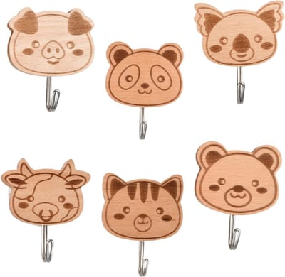 Houten Dieren Wandhaken, 6 Stuks, Zelfklevende Haakjes voor Kinderkamer Decoratie, Multifunctionele Wandhaken voor Kleding en Speelgoed, Ideaal voor Slaapkamer en Speelruimte