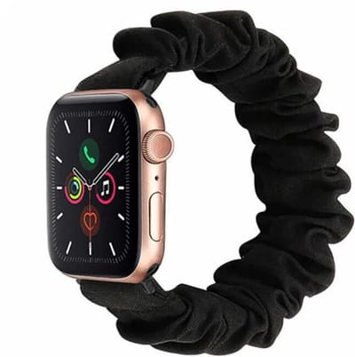 Strap-it Scrunchie band - Geschikt voor Apple Watch bandje -Series 1/2/3/4/5/6/7/8/9/10/11/SE/SE2/SE3/Ultra (2/3) - Zwart - Elastisch haarelastiek bandje van nylon - iWatch bandje voor maat: 44mm / 45mm / 46mm / 49mm