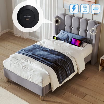 VVBV Gestoffeerd Opbergbed 90x200 cm - USB-C Laadstation, Lades, Lattenbodem, 25 cm Hoog - Linnen Grijs Zonder Matras