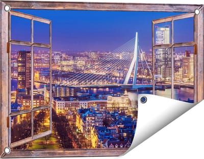 Gards Tuinposter Doorkijk Rotterdamse Skyline met de Erasmusbrug - 60x40 cm - Tuindoek - Tuindecoratie - Wanddecoratie buiten - Tuinschilderij