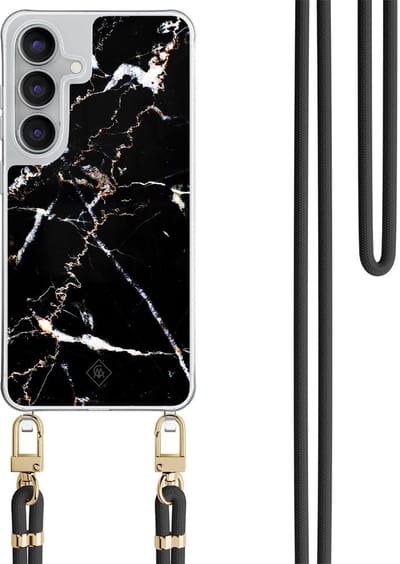 Casimoda® hoesje met zwart koord - Geschikt voor Samsung S25 FE - Marmer Zwart - Afneembaar koord - TPU/polycarbonaat - Zwart