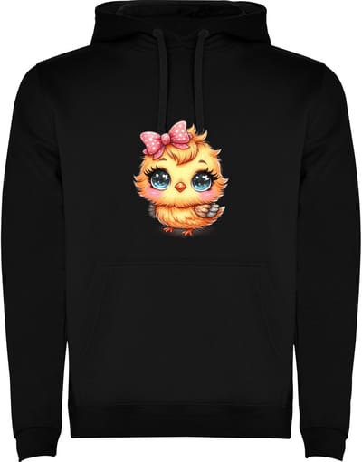 Zwarte Hoodie Kleurrijke Blije Vogel - Schattig - Oranje met Roze strik - Cartoon - Humor Maat M