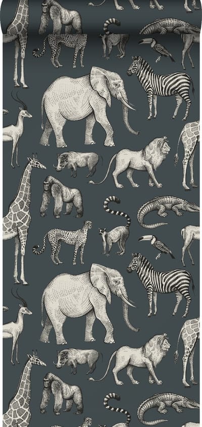 ESTAhome behang jungle dieren vergrijsd blauw en grijs - 53 cm x 10.05 m - 139272