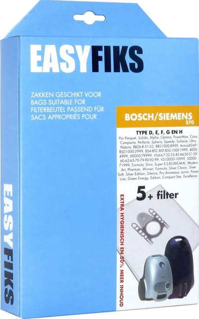 Easyfiks S70 stofzuigerzakken geschikt voor Bosch en Siemens - 5 stuks + 1 filter - SynchroPower - gl 30 - Zoo'o - Logo - Ergomaxx'x - Free'e - MoveOn - Ingenius - Activa - Super XS Dino E - G-ALL
