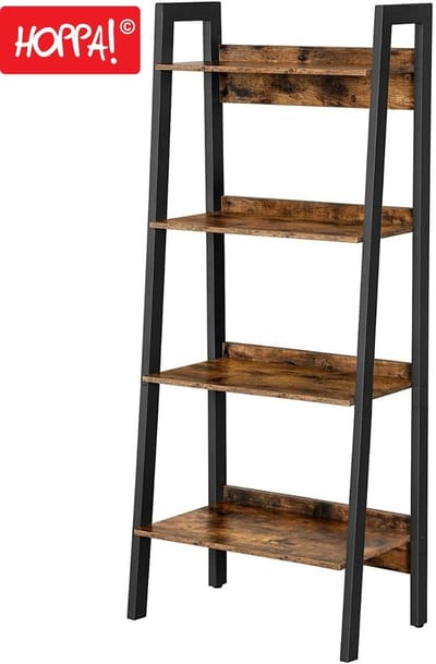 Hoppa! Boekenkast Industrieel - Bruin/Zwart - 4 Niveaus - Hout/Metaal - 56 x 34 x 137.5 cm (B x D x H)