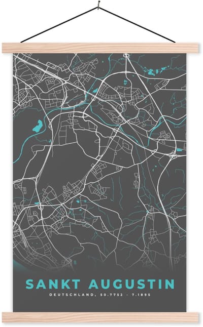 Posterhanger incl. Poster 40x60 cm - Schoolplaat - Stadskaart – Sankt Augustin – Duitsland – Plattegrond – Kaart - Textielposter - Blanke latten - Stadskaart