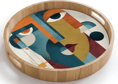 Dienblad rond 40x40 cm - Schootdienblad hout - Geometrisch - Strakke vormen - Kleurrijk - Borrelplank rechthoek - Plateau houten dienbladen