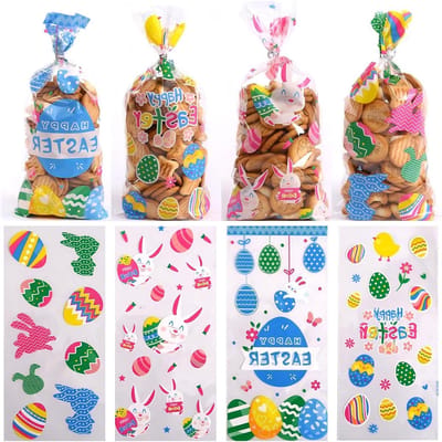 Set van 50 transparante cellofaan zakjes voor Pasen, feestelijke cadeauzakjes voor kinderen, snoepzakjes met vrolijke Pasen print, ideaal voor verjaardagen en feestjes