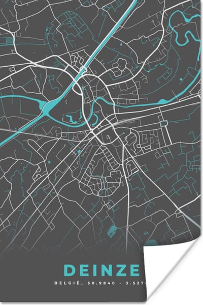Poster Plattegrond – Deinze – Blauw – Stadskaart - Kaart - 120x180 cm XXL