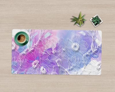 Coloray Bureau Onderlegger - Kleurrijke witte bloemen Bureaumat - 90 cm x 45 cm - Paars Bureau Onderlegger - Onderlegger Bureau - Bureau Onderlegger Groot - Bureau Onderlegger XXL - Computer Mat