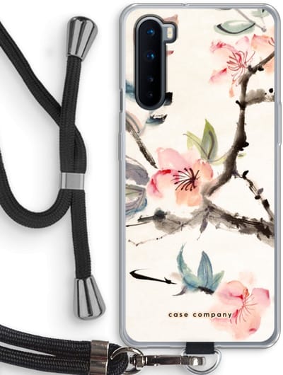 Case Company® - Hoesje met koord geschikt voor OnePlus Nord hoesje met Koord - Japanse bloemen - Telefoonhoesje met Zwart Koord - Bescherming aan alle Kanten en Over de Schermrand