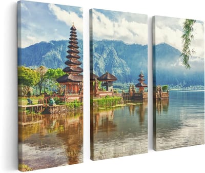 Artaza Canvas Schilderij Drieluik Pura Tempel in Bali op het meer Beratan - 120x80 - Foto Op Canvas - Canvas Print