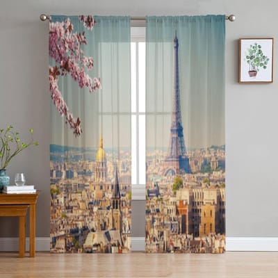 Uitzicht op de Eiffeltoren in Parijs in de lente Frankrijk Transparante gordijnen voor woonkamer Tule raamgordijn Slaapkamer Keuken Sluier Gordijnen 135W x 114H(cm) gray