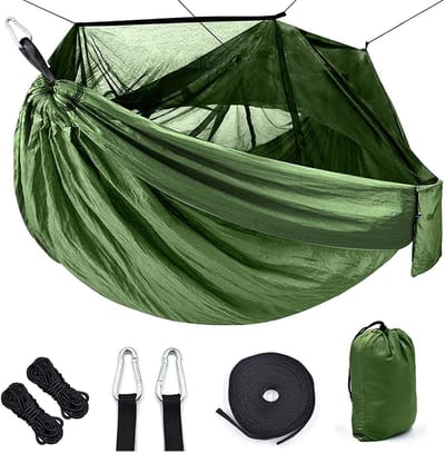 Hangmat met Klamboe - Kampeerhangmat Schommel - Buiten Ontspannen - Geïntegreerde Opbergtas - 260 x 140 cm - Groen