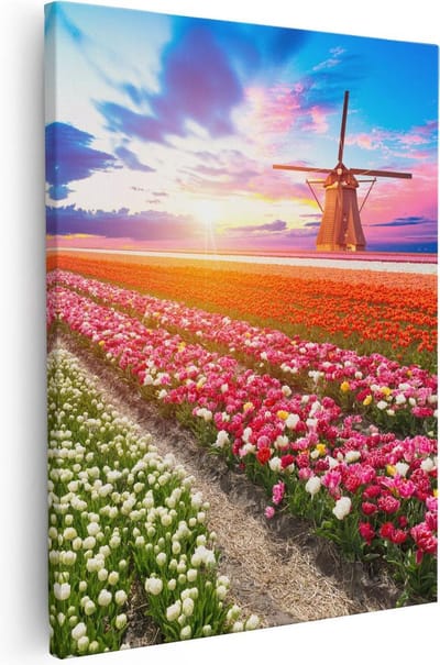 Artaza Canvas Schilderij Molen - 40x50 cm - Wanddecoratie Tulpenveld - Muurdecoratie Bloemen - Kamer Accessoires Zonsondergang