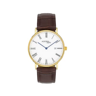 Herenhorloge Adora Saphir – Klassiek met Romeinse cijfers, Goudkleurige kast, Saffierglas, Bordeauxbruine leren band – AS4735