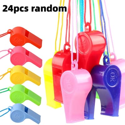 24 pièces Sifflet à Corde Plastique Multifonctionnel pour Enfants Football Rugby Cheerleading Sifflet Jouets pour Enfants Cadeau Agité red