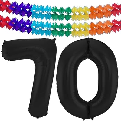 Folat folie ballonnen - Leeftijd cijfer 70 - zwart - 86 cm - en 2x feestslingers gekleurd 600 cm - versiering - feestartikelen
