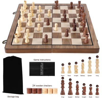 Houten Magnetisch Schaak- & Damspel – Opvouwbaar Reisschaakbord met Magnetische Stukken – 2-in-1 Bordspel voor Thuis, Kantoor & Onderweg – Inclusief Opbergtas