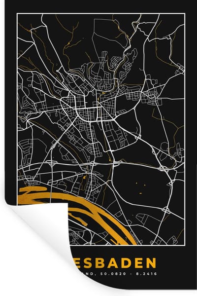Muurstickers - Sticker Folie - Wiesbaden - Duitsland - Kaart - Goud - Plattegrond - Stadskaart - 20x30 cm - Plakfolie - Muurstickers Kinderkamer - Zelfklevend Behang - Zelfklevend behangpapier - Stickerfolie