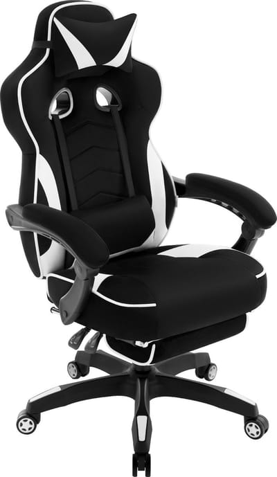 BukkitBow - Racing Velvet Gaming Stoel met Rug/Nekkussen en Voetensteun (45-52CM Hoog) - Zwart/Wit