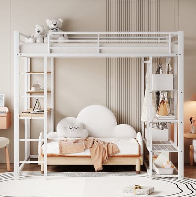 MEUNIQ Hoogslaper 140 x 200 cm met ladder, bureau, legplanken en kledinggedeelte voor kinderkamer of tienerkamer, wit