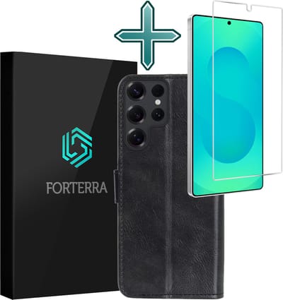 Hoesje Met Screenprotector - Geschikt voor Samsung Galaxy S25 Ultra - Luxe Pasjeshouder - Flipcase - Bookcase Portemonee - Flip Case - Kunstleer Book Case - Book Cover - Walletcase - Portemonneehoes - Zwart