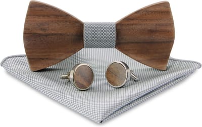 We Love Ties - Giftsets - Houten strik giftset Trendy zilvergrijs - bruin / zilvergrijs