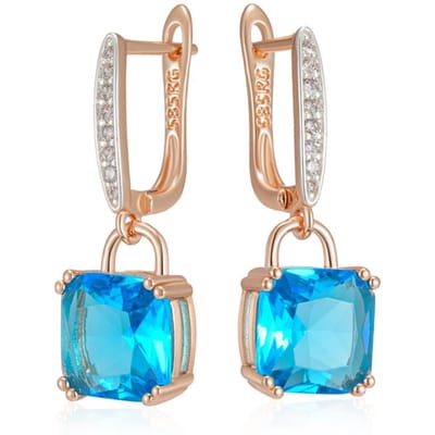 Boucles d'oreilles pendantes carrées en zircon naturel bleu pour femmes  Couleur Or Rose Mix  Bijoux fins de haute qualité pour le quotidien beige